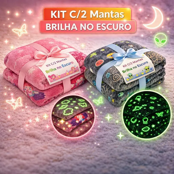 Kit 2 Cobertor Manta Brilha no Escuro Neon Infantil 2,00x1,80 Várias Estampas