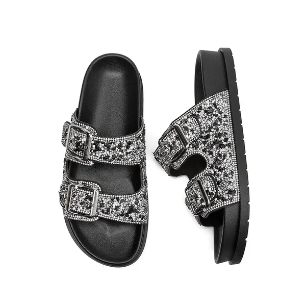 Sandália Birken Papete Feminina Fivela Ajustável de Strass de Luxo Design MEIJILE