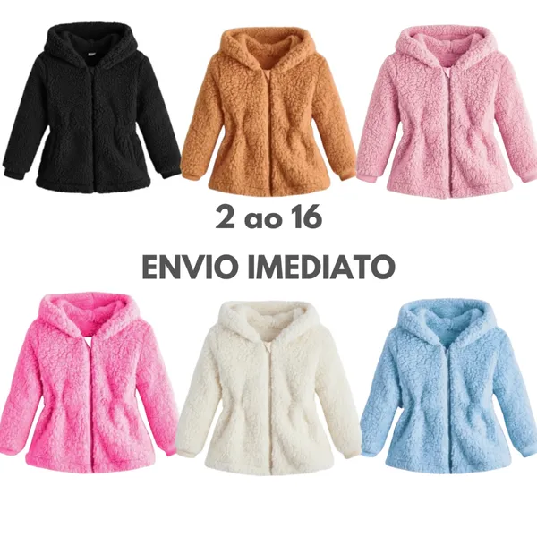 Casaco Teddy Infantil Menina Capuz Touca com Zíper Ted Teddy Forrado Quente Feminino Jaqueta Infantil