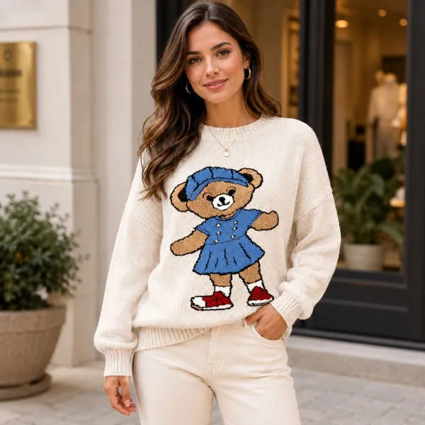 Blusa Tricot Feminina Ursinho Bear Fio Mousse Gola Redonda Quentinha Inverno Confortável