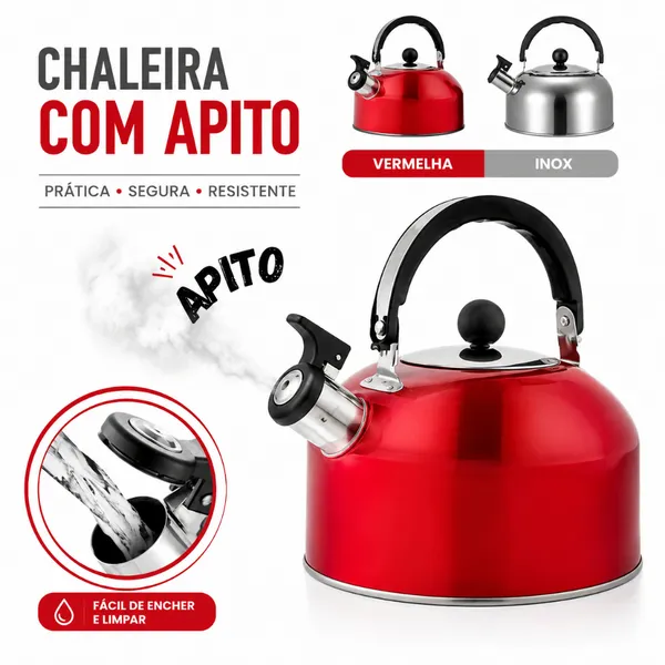 Chaleira aço Inox com Apito Ferve Rápido Fogão Gás Indução Elétrico
