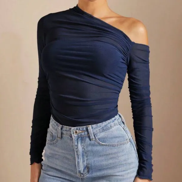 Blusa Feminina Manga Cumprida Ombro a Ombro Drapeada Casual Elegante Inverno Suplex