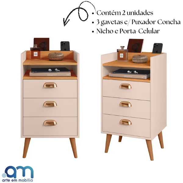 Kit com 2 Mesas de Cabeceiras Mini Comôdas com Nicho 3 Gavetas e Puxadores Concha Pés Retrô Pvc HELO