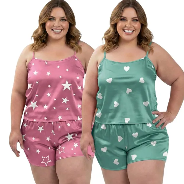 Kit 2 Pijamas Plus Size Baby Doll Conjunto Short Doll Estampado Sem Bojo Pijama Feminino Premium