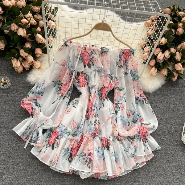 Moda Feminina Vintage Slim Impressão Chiffon Manga Longa Ruffle Hem Jumpsuit Summer One Line Neck Sexy High Waist Wide