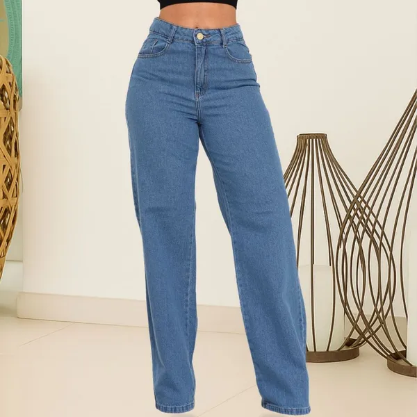 Calça Jeans Wide Leg Feminina Pantalona Cintura Alta Lisa Empina Bumbum 100% Algodão Tecido Premium