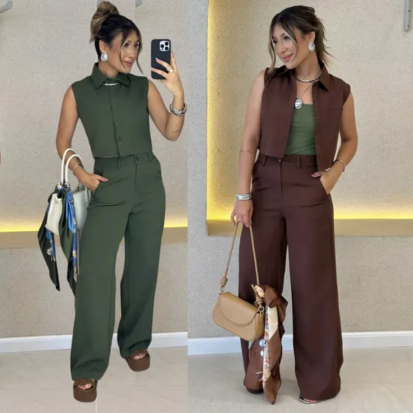 Conjunto Alfaiataria Feminino Clássico Calça Pantalona + Colete Sem Mangas Cintura Alta