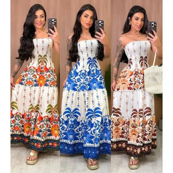 Vestido Tropical Longo Tomara que Caia Estampado – Moda Feminina 2026 ENTREGA RÁPIDA