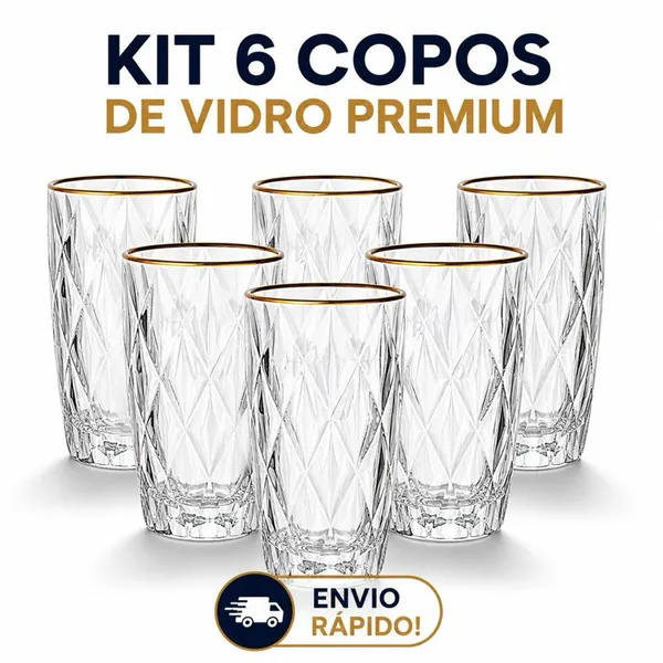 Kit 6 Copos Diamond com Borda Dourada 370ml