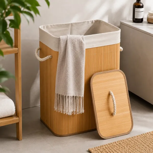 60L Cesto de Roupa Bambu Dobrável – Organizador com Revestimento Interno Alta Capacidade Grande