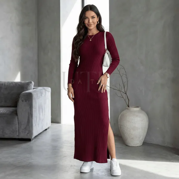 Vestido Feminino Longo Canelado Manga Longa com Fenda Lateral