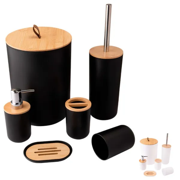 Kit de Banheiro Completo 4 ou 6 peças com Lixeira Bambu