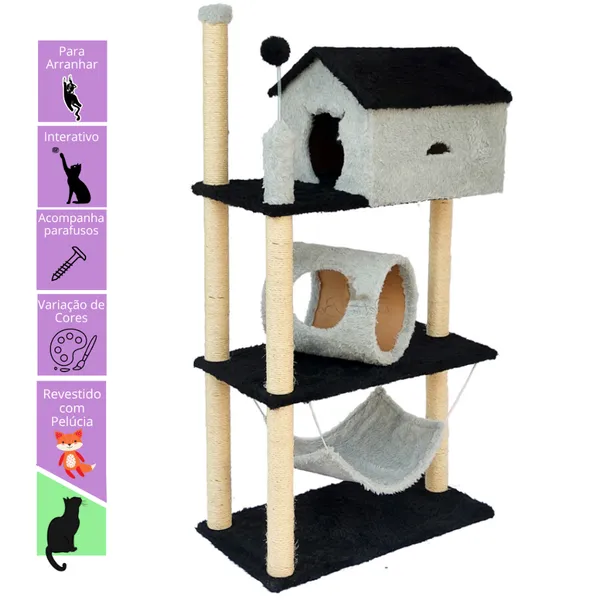 Arranhador Casinha para Gatos 3 Andares Túnel e Rede Brinquedo Torre Poste Sisal Cama