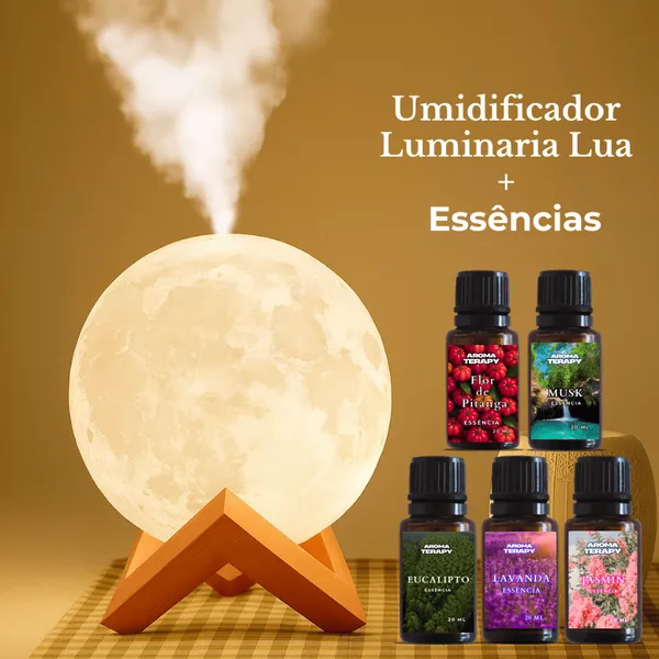 Umidificador Luminária + Essências Abajur 2em1 900ml Lua 3d Vaporizador de Ambiente Difusor De Ar