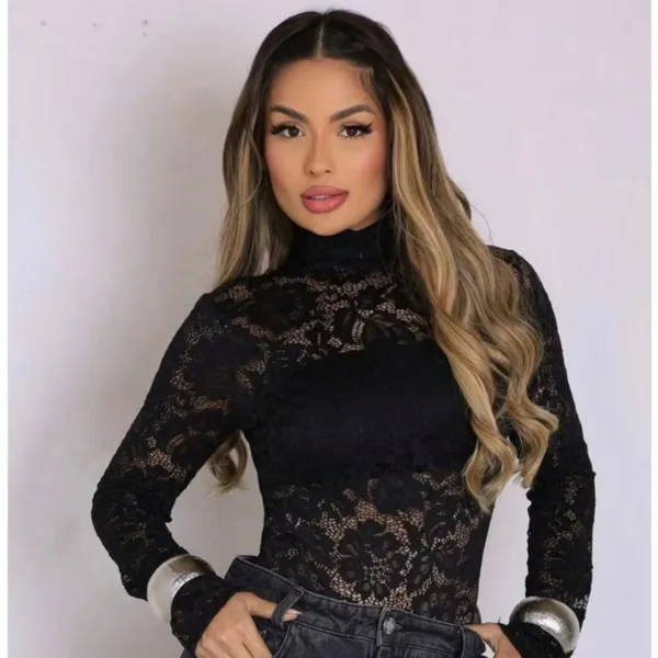 Body Feminino Renda Manga Longa Gola Alta Elegante Tule Transparente Festa Moda Blogueira