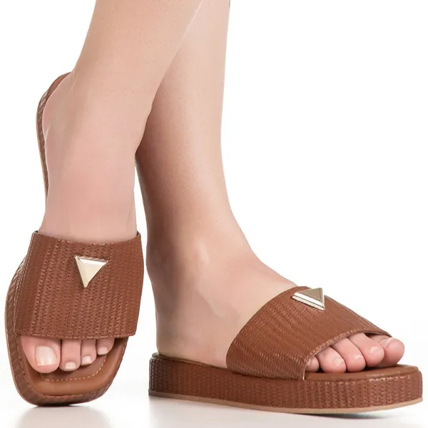 Tamanco Feminino Flatform Baixo Detalhe Triangulo Metalizado Papete Juta Tressê GiGiL