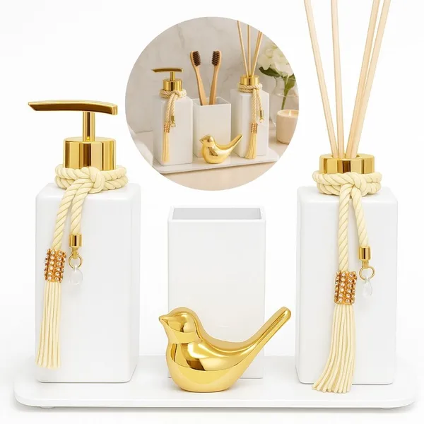 Kit Completo ​Lavabo Branco Vaso Quadrado Difusor Aromatico e Passarinho