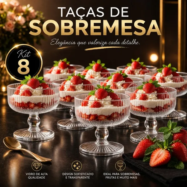 Jogo 8 Taças Sobremesa Sorvete Vidro Canelado 300ml Transparente Elegante Mesa