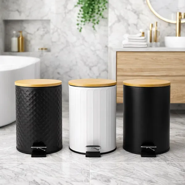 Lixeira banheiro 5 litros Tampa Bambu com Pedal Decorativa Premium Clink Clean Soft Close Moderna