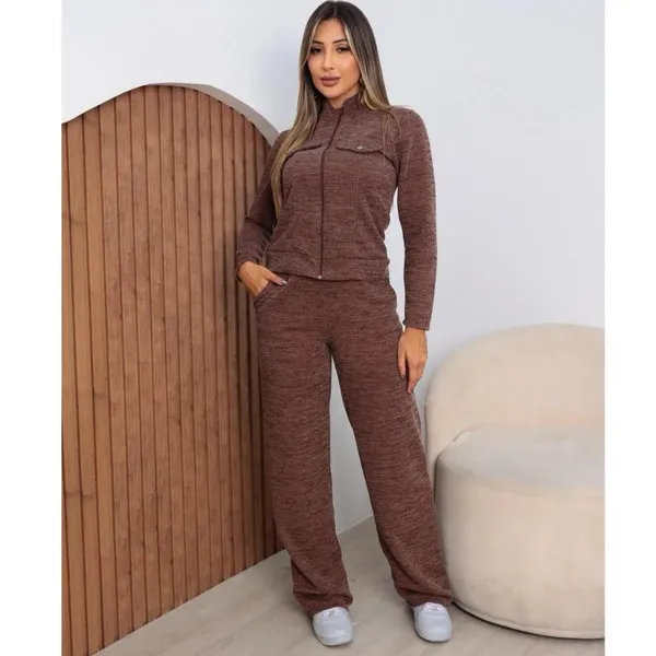 Conjunto Frio Feminino Malha Rib Premium Calça Pantalona e Blusa