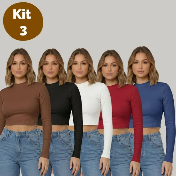 Kit 3 Croppeds Ribana Manga Longa Sortidos
