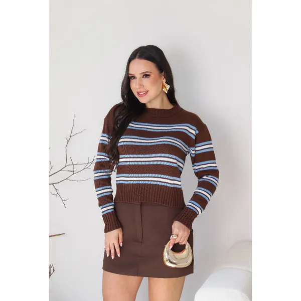 BLUSA FEMININA TRICOT LISTRADA GOLA REDONDA TRICOT PREMIUN ESTILOSA MANGA LONGA TENDENCIA INVERNO