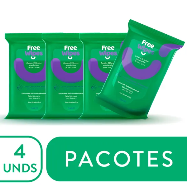 Kit 4 Lenços Umedecidos Antissépticos Free Wipes – Proteção Total