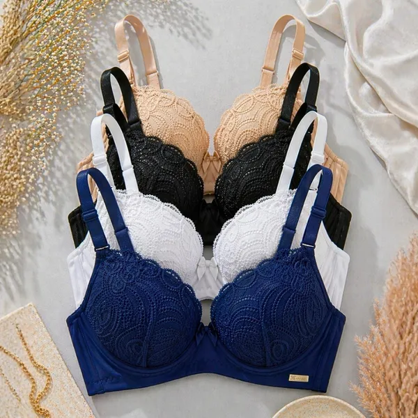 Kit C/4 Sutiãs RENDADO Reforçado Com Bojo Premium Push Up Soutien Efeito Silicione PROMOÇÃO