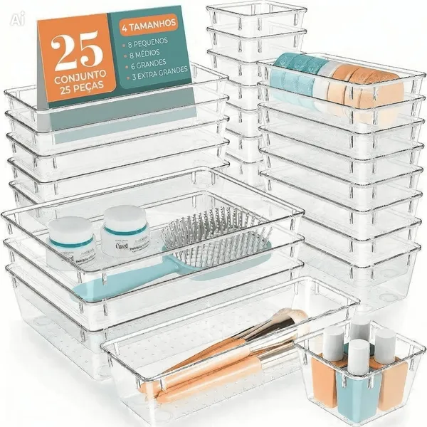 Organizador Kit 25 Caixas Acrílico para Geladeira e Gaveta