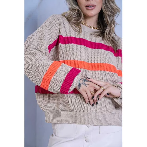 Blusa Cropped de Frio Feminina Oversize Listrada Manga Longa Bufante Tricot Ponto Crochê Inverno