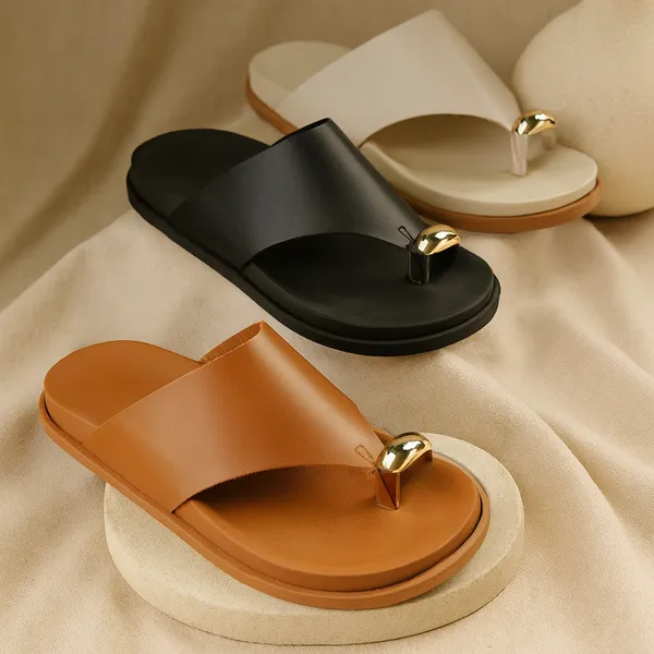 Sandália Feminina Flat Rasteirinha Detalhe Dourado ABS Tendência Verão Moda Leve Hope Shoes