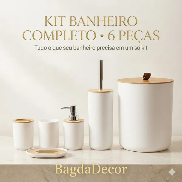 Kit Banheiro Luxo 2/4/6 Peças Canelado Branco/Preto Fosco com Bambu 🛁 Sofisticação e Organização