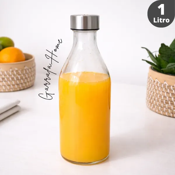 Garrafa ​de Vidro 1 Litro Tampa Inox Para Água Suco Leite Geladeira Jarra Fechamento Hermético