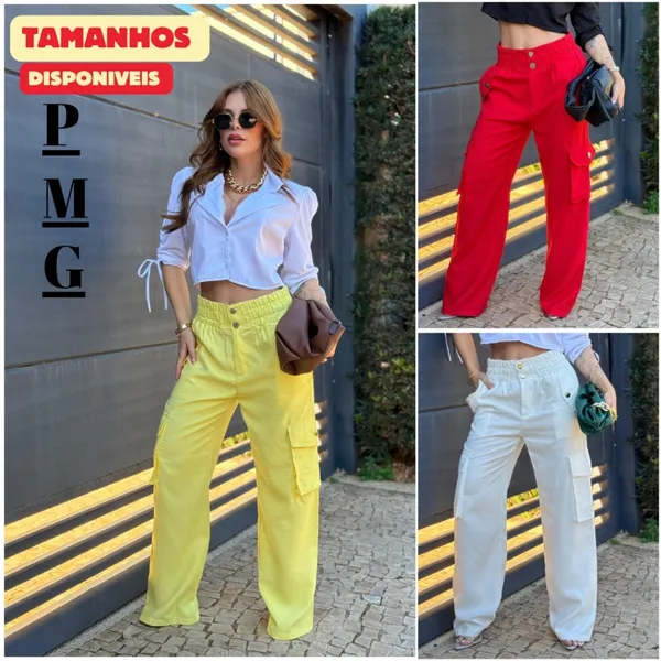 Simples Calça Feminina Cargo Wide Leg – Alfaiataria Marrant com Elástico e Bolsos Funcionais