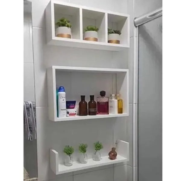 Kit Nicho Prateleira 3 Peças Decorativo Organizador Banheiro Quarto Sala Mdf Cru e Branco