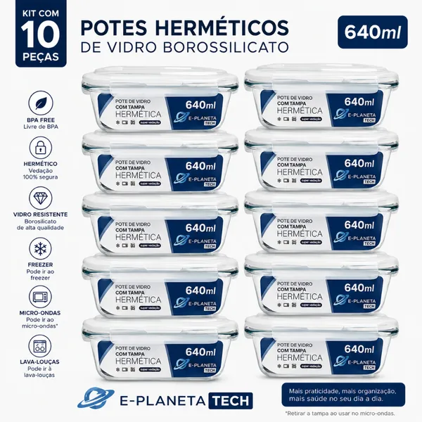 Kit 10 Potes de Vidro 640ml Hermético Marmita Fit com Tampa 4 Travas Premium