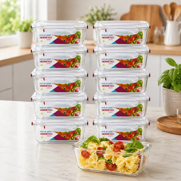 Kit potes de vidro 640ml hermético com 4 travas