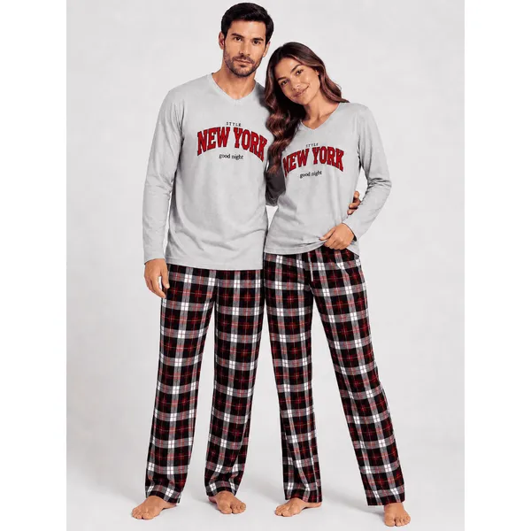 Calça Xadrez e Blusa Casal Conjunto De Dormir Pijama Suede Confortável Unissex