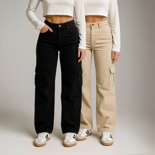 Kit 2 Calça Jeans Feminina Cargo Bolsos Laterais + 5 Cores - 100% Jeans Premium Wide Leg