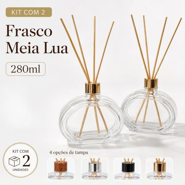 Kit 2 Frascos ​Difusor Meia Lua 280ml Vidro Aromatizador Ambientes com Varetas e Tampa Luxo
