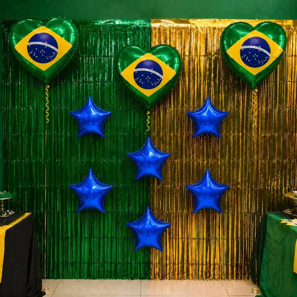 Kit Brasil Decoração Copa do Mundo Azul Verde Amarela Seleção Brasileira + 3 Balão Bandeiras e 6 Balões estrelas do Hexa