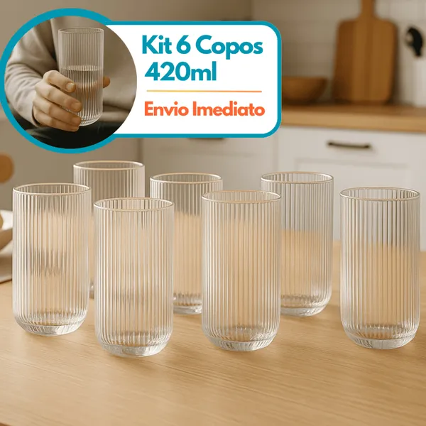 Kit 6 Copos Canelado Transparente Versalhes Grafiato Drink Suco 430ml