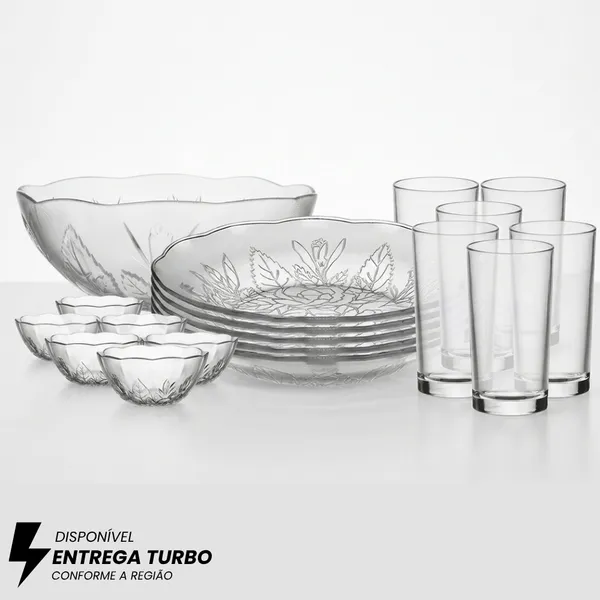 Aparelho de Jantar 19 Peças Vidro Transparente Floral Pratos Copos Tigelas Saladeira
