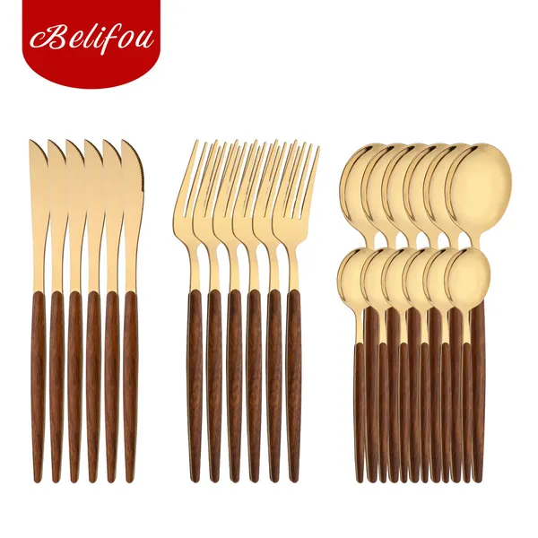 Belifou Kit 24 Jogo De Talheres Aço Inoxidável Ouro Alças De Madeira Alta polidez