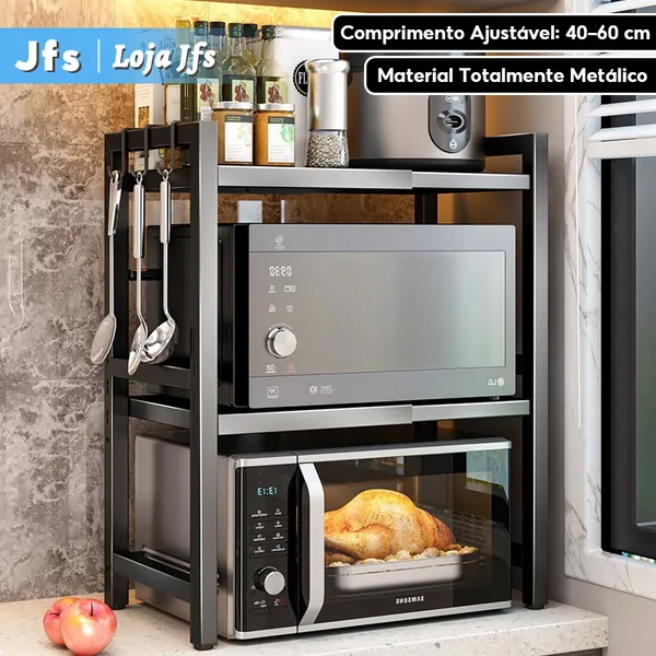 Suporte de Microondas Ajustável em Aço Carbono I Prateleira de 2/3 Camadas I Prateleira de Armazenamento de Cozinha