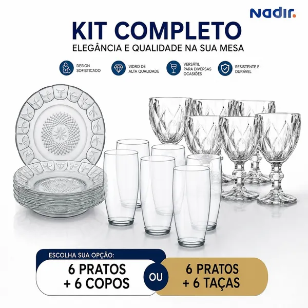 Kit 6 Copos ou Taças + 6 Pratos Fundos de Vidro