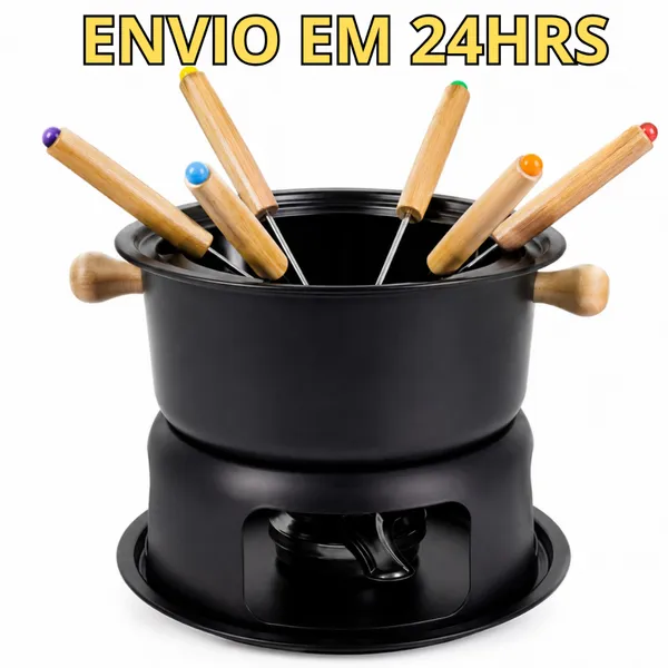 Kit Jogo Panela Conjunto Fondue 11 Peças Aço Inox E Madeira Carne Chocolate Queijo Jantar Romântico
