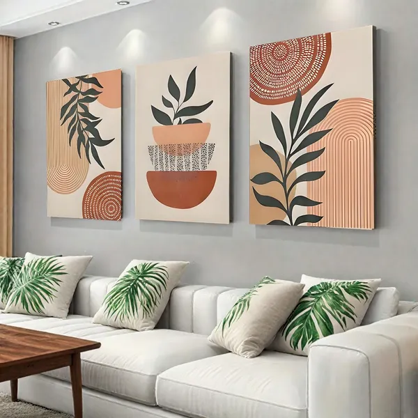 Kit 3 Quadros Decorativos Quarto e ​Sala 40x60 Planta Tropical - Linhas Geométricas Folhas Moderno