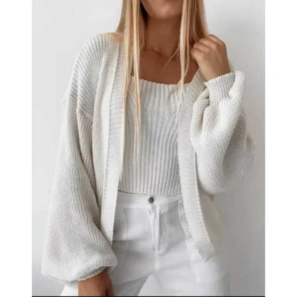 Casaco Tricot Cardigan Feminino Ponto Fang Manga Longa Bufante Inverno
