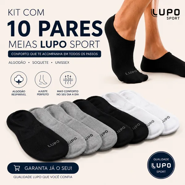 Kit 10 Pares Meias Lupo Sport Cano Invisível Algodão Soquete Sapatilha Unissex Original Confortável